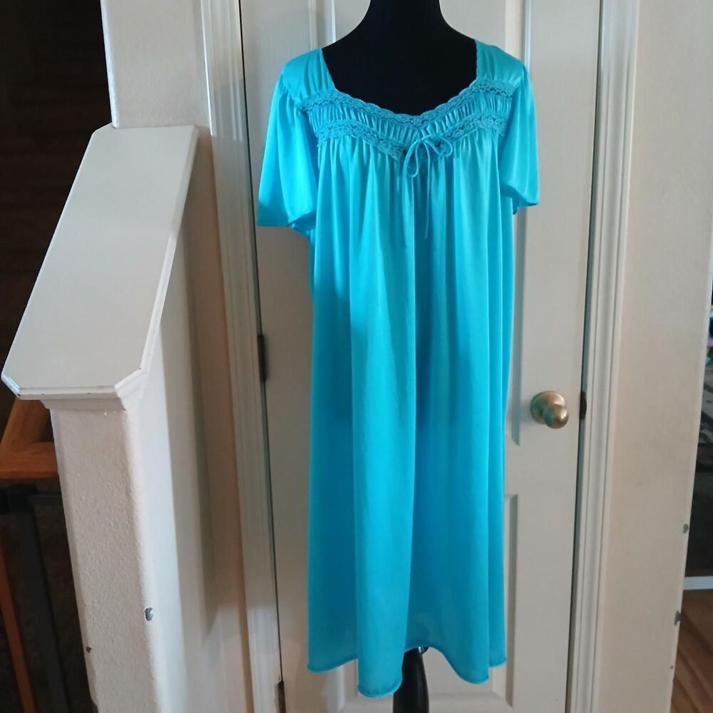 Vintage Anthony Richard Blue Lace Trim House Dress Nightgown Granny Chic Retro